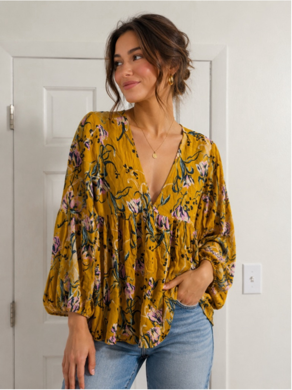 Free People Mustard Yellow Floral Babydoll Tunic Blouse Size Small Boho Long Sle